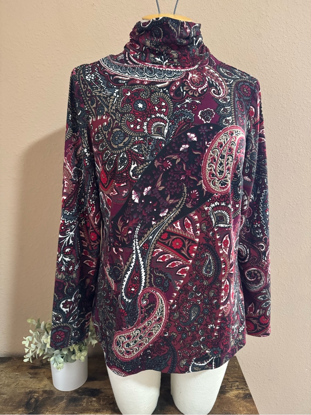 Susan Graver Burgundy Paisley Turtleneck Long Sleeve Top QVC